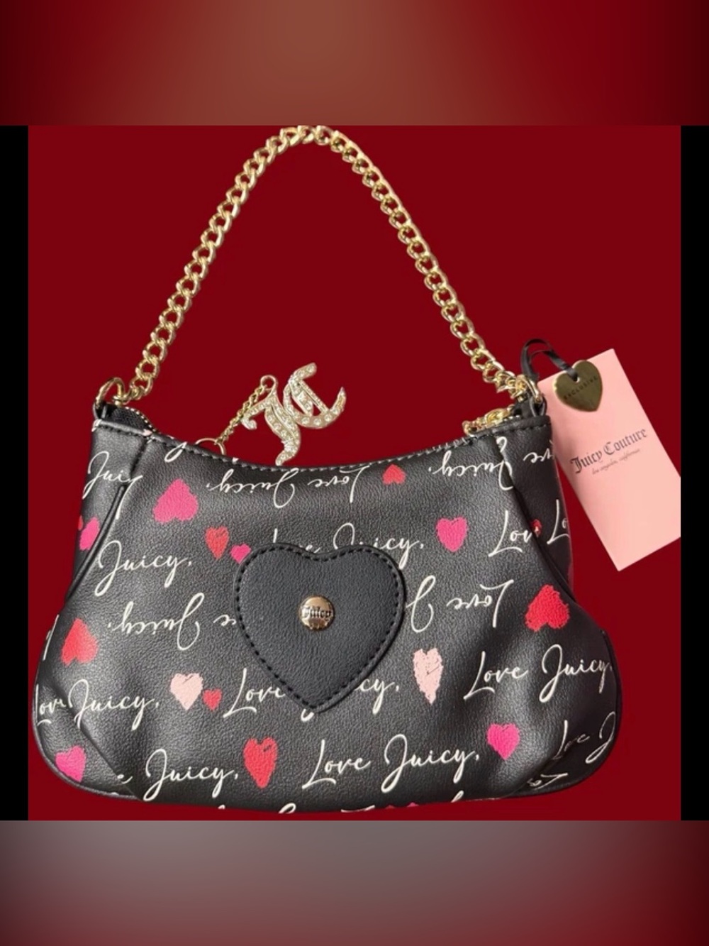Juicy couture purse Black Red Pink Gold Chain Strap heart JC Rhinestone charm